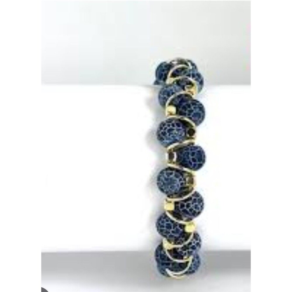 Willamy Blue Dragon Vein Agate Beaded Bracelet Gold Tone Spiral Wrap Coil Adjust